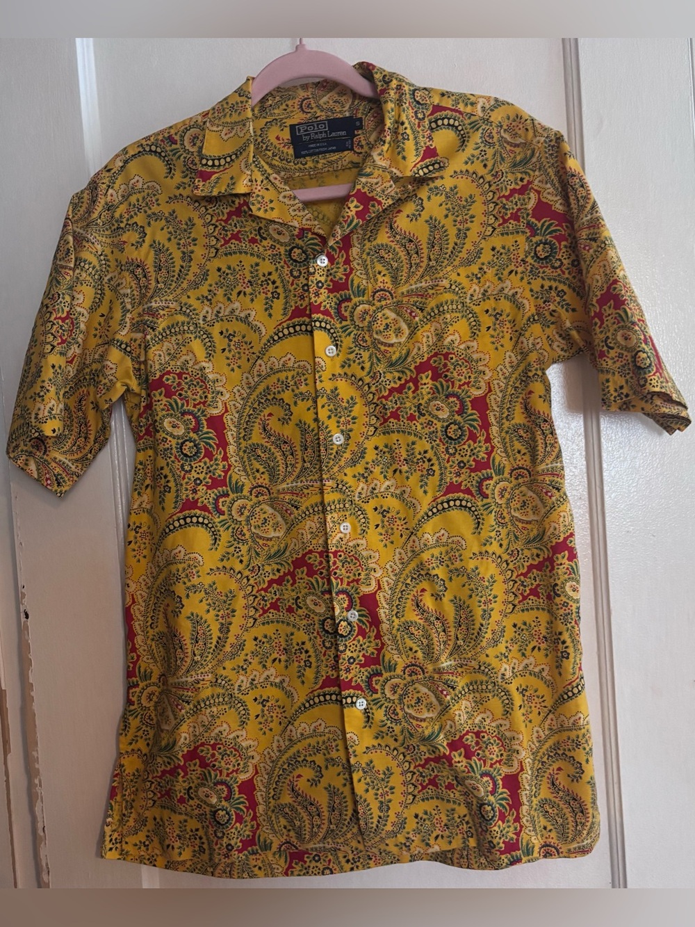 Vintage Polo Ralph Lauren Paisley Camp Shirt Yellow Cotton Button Up Made USA S